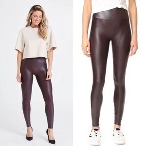 SPANX WINE BURGUNDY FAUX LEATHER LEGGINGS Size L